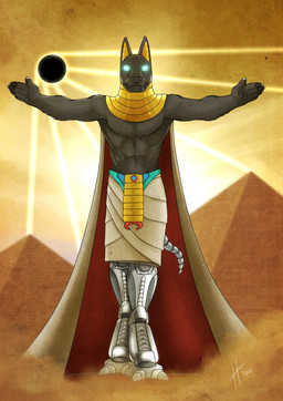 abs anthro cape claws clothed clothing dust egyptian_architecture finger_claws fingerpads front_view fur glowing glowing_eyes grey_body grey_fur male male_anthro mask muscular muscular_anthro muscular_male outside pawpads pecs pyramid solo standing tail wearing_mask white_claws hufnaar canid canine mammal 2017 absurd_res dated english_description full-length_portrait hi_res portrait