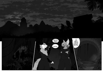 anthro backpack building clothing cloud crossed_arms dialogue disgusted_face duo eyewear forest glasses hiking light male moon moonlight night outside palm_tree plant sewer silhouette tattoo text tight_clothing tongue tongue_out tree vines wearing_glasses viola_bat victor_johansen viola_bat_(character) bat canid canine fox mammal absurd_res comic english_text hi_res monochrome