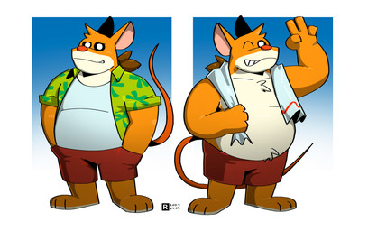 4_fingers anthro belly bottomwear clothed clothing fingers humanoid_hands male one_eye_closed open_clothing open_shirt open_topwear overweight overweight_male red_nose shirt shorts simple_background solo standing topwear wink reidem geronimo_stilton_(series) trap_stilton mammal mouse murid murine rodent 2025 absurd_res hi_res