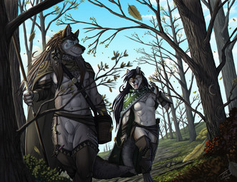 abs animal_genitalia anthro arrow_(weapon) athletic autumn balls bodypaint bow_(weapon) breasts casual_exposure cloak clothing detailed_background digitigrade duo dutch_angle eyes_closed face_paint featureless_breasts female forest fully_sheathed genitals hair holding_object holding_weapon long_hair male melee_weapon mostly_nude muscular navel nude open_mouth penis piercing plant polearm quiver_(object) ranged_weapon sheath social_nudity spear teeth tree tribal vulva weapon stasis_delirium canid canine canis mammal wolf 2016