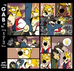 anthro beer_mug black_body black_fur bump city clothed clothing curled_tail dialogue electronics encounter exclamation_point flashback fur group headphones hug male outside question_mark romantic romantic_couple tail text yellow_body yellow_fur gabshiba gab_(comic) gab_shiba wuff_(gabshiba) canid canine canis domestic_dog felid lion mammal pantherine shiba_inu spitz wolf comic english_text pictographics