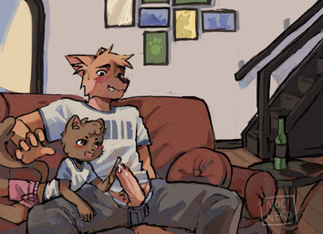 age_difference anthro balls blush blush_lines bodily_fluids bottle boxers_(clothing) clothing container cum doorway duo ear_tuft erection floor floorboards furniture genital_fluids genitals hands_up head_tuft humanoid_genitalia humanoid_penis living_room looking_down male male/male penis photo picture_frame precum precum_on_penis precum_string pubes shirt size_difference small_hands smaller_male smile sofa stairs t-shirt topwear tuft underwear young younger_dom_older_sub younger_male nocneko canid canine canis domestic_cat domestic_dog felid feline felis mammal colored hi_res