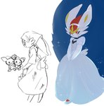 anthro blush clothing dress female fur glistening glistening_clothing group long_ears scut_tail short_tail size_difference solo tail white_body white_fur teeth_(artist) disney disney's_cinderella nintendo pokemon cinderella_(disney) cinderace generation_2_pokemon generation_8_pokemon pichu pokemon_(species) hi_res