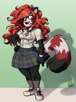 bottomwear clothed clothing dress female footwear furgonomics green_eyes hair kilt pose red_hair scottish shirt skirt socks solo t-shirt tail tail_through_skirt topwear naughtyjester roxie_(lapinbeau) ailurid mammal red_panda hi_res pinup