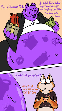 after_vore anthro belly big_belly blush bone box clothed clothing container dialogue duo exposed_belly eyes_closed fatal_vore fur gift_box gift_card holidays male open_mouth orange_body simple_background size_difference skull slime smile teeth text translucent vore jayme_universe christmas barry_(ck-19) bear canid canine goo_creature mammal 9:16 comic digital_media_(artwork) english_text hi_res