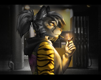 anthro black_bars cigarette cigarette_in_mouth clothed clothing fur hair holding_object hoodie lighter looking_at_object male markings noise_filter object_in_mouth orange_eyes photo_background ponytail solo spots spotted_body spotted_fur spotted_markings stripes topwear white_hair red_rooster wy_(yebjiwara) cheetah felid feline king_cheetah mammal digital_media_(artwork) half-length_portrait hi_res letterbox mixed_media monochrome photography_(artwork) portrait spot_color