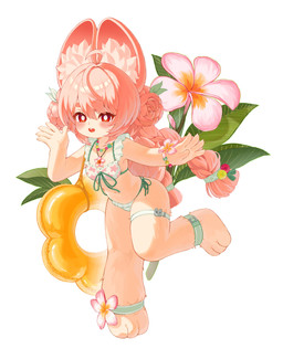 3_toes accessory anklet anthro barefoot bracelet braided_hair clothing feet female female_anthro flotation_device flower hair hair_accessory jewelry legband paws pink_body pink_hair plant red_eyes solo swimwear thighband toes two-piece_swimsuit young young_anthro young_female yamacho mihoyo zenless_zone_zero zhao_(zenless_zone_zero) lagomorph mammal absurd_res hi_res