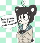 ahoge anthro black_hair checkered checkered_background clothed clothing dialogue female hair heart_symbol open_mouth pattern_background simple_background solo speech_bubble text moozua burgz_(song) ken_ashcorp kenny_(kenashcorp) bear giant_panda mammal 2015 english_text hi_res