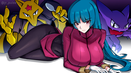 breasts clothed clothing cutlery female group gym_leader hair kitchen_utensils looking_at_viewer open_mouth purple_body smile spoon tools yellow_body jrpuls3 nintendo pokemon sabrina_(pokemon) generation_1_pokemon ghost haunter human kadabra mammal pokemon_(species) spirit absurd_res hi_res