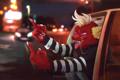 anthro armwear blonde_hair body_hair car clothing digitigrade fingers fluffy fluffy_ears fluffy_hair fur gesture hair hand_gesture hoodie horn male middle_finger multicolored_body multicolored_fur multicolored_hair outside purple_eyes red_body red_fur red_hair solo topwear tuft vehicle whiskers yellow_body yellow_fur shima_laqi asian_mythology east_asian_mythology mythology vitamin_c_(forwardpickup) dragon eastern_dragon mammal mythological_creature mythological_scalie scalie digital_drawing_(artwork) digital_media_(artwork) hi_res