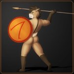 anthro bare_back bare_butt black_sclera brown_body brown_fur fur goat_tail greek horn hunting male medieval_shield melee_weapon muscular muscular_anthro nude polearm round_shield shield solo spear strap_and_grip_shield weapon cabura sorin_(cabura) spartan bovid caprine goat mammal lance_(disambiguation) hi_res