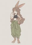 anthro arm_tuft barefoot black_clothing blue_eyes brown_body brown_fur brown_hair circle_eyebrows clothing crop_top elbow_tuft eyebrows feet female fluffy fluffy_hair fur fur_tuft gesture green_clothing hair jumpsuit long_ears long_hair looking_at_viewer messy_hair shirt smile smiling_at_viewer solo standing tank_top topwear tuft waving waving_at_viewer white_body white_fur tateoftot lagomorph leporid mammal rabbit hi_res