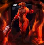 abs anthro balls biceps black_balls black_body black_eyes black_scales fire flamethrower flare_gun genitals gun half-erect humanoid_genitalia humanoid_penis inside male moon muscular muscular_anthro muscular_male navel night nude pecs penis pupils ranged_weapon red_body red_scales red_sclera scales sharp_teeth sky slit_pupils solo teeth weapon justmegabenewell reptile scalie 2016 hi_res