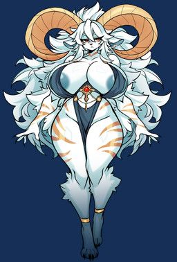 4_toes anthro bangs big_breasts big_horn blue_nipples bottomwear bovid_horn breasts caprine_horn claws cleavage clothed clothing curved_horn digitigrade eyeshadow feet female fluffy_thighs frowning_at_viewer fur gem gold_stripes hair horn leg_bracelet loincloth long_ears long_hair makeup markings nipples ram_horn red_eyes red_eyeshadow robe robe_only skimpy solo standing striped_markings stripes thick_thighs toe_claws toes white_body white_fur white_hair wild_hair lolitabonita fan_character bovid caprine felid hybrid mammal pantherine sheep tiger absurd_res alpha_channel hi_res story story_in_description