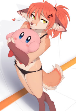 anthro bikini black_bikini black_clothing black_swimwear clothing female fur green_eyes hair heart_symbol holding_object holding_plushie looking_at_viewer multicolored_body multicolored_fur orange_body orange_fur orange_hair plushie side-tie_bikini solo string_bikini swimwear two-piece_swimsuit two_tone_body two_tone_fur rednroge kirby_(series) nintendo kirby kiri_igness canid canine fox mammal absurd_res hi_res