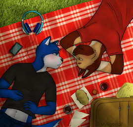 anthro backpack blue_eyes blush brown_eyes cellphone clothing countershading duo electronics food headphones male outside phone sandwich_(food) smartphone text mytigertail canid canine canis domestic_dog mammal 2014 english_text hi_res