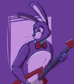 anthro bow_tie electric_guitar fingers freckles fur guitar half-closed_eyes long_ears machine male musical_instrument narrowed_eyes plucked_string_instrument purple_background purple_body purple_fur red_eyes simple_background solo standing string_instrument dompteuseartist five_nights_at_freddy's scottgames bonnie_(fnaf) animatronic lagomorph leporid mammal rabbit robot 2020 hi_res