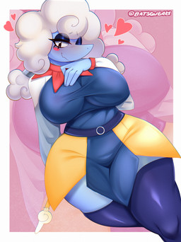 anthro big_breasts blush breasts clothed clothing curvy_figure female flirting fur hair heart_symbol hearts_around_head huge_thighs legwear looking_at_viewer simple_background smile smiling_at_viewer solo thick_thighs thigh_highs tight_clothing tight_topwear topwear voluptuous voluptuous_anthro voluptuous_female wide_hips wife bat_squeaks deltarune undertale undertale_(series) elnina_(deltarune) bovid caprine darkner elemental_creature elemental_humanoid humanoid mammal sheep absurd_res digital_media_(artwork) hi_res