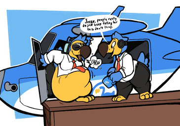 accessory aircraft airplane anthro beak belly big_belly black_bottomwear black_clothing black_pants bloated blue_body blue_feathers bottomwear burping clothing coffee_mug dialogue door duo electronics eyewear eyewear_on_head feathers floor headphones huge_belly imminent_death imminent_digestion looking_at_another male necktie no_shoes open_door pants red_necktie seaplane shirt smile struggling struggling_prey sunglasses sunglasses_on_head talking_to_another text thick_thighs topwear vehicle vore wearing_sunglasses white_clothing white_shirt white_topwear wide_hips wood wood_floor yellow_body yellow_feathers boot_(artist) animal_crossing nintendo orville_(animal_crossing) wilbur_(animal_crossing) avian bird columbid dodo recently_extinct_species 2020 english_text
