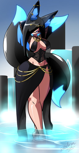 armwear barbell_piercing barefoot big_breasts black_armwear black_body black_bottomwear black_clothing black_corset black_fur black_hair black_sclera black_skirt blue_body blue_eyes blue_fur blue_hair blue_highlights bottom_heavy bottomwear breasts clothing corset crossed_ankles detached_sleeves detailed_background dipstick_tail ear_piercing ear_ring eyeshadow eyewear feet female fog fox_ear fox_tail fur glasses glistening glistening_body gold_(metal) gold_ear_piercing gold_ear_ring gold_jewelry gold_necklace hair hair_over_eye half-closed_eyes halter halter_top hands_behind_head highlights_(coloring) hot_spring huge_hips industrial_piercing inner_ear_fluff jewelry lace lace_corset lidded_eyes lingerie long_hair long_skirt makeup markings midriff multi_tail multicolored_hair multiple_piercings narrowed_eyes nature nature_background navel necklace outside partially_submerged piercing ring_piercing side_slit_clothing side_slit_skirt skirt sling_bra slit_skirt small_waist solo standing tail tail_markings topwear tuft two_tone_hair waist_accessory water wide_hips zedrin honoka_(zedrin) animal_humanoid canid canid_humanoid canine canine_humanoid fox_humanoid humanoid mammal mammal_humanoid 2023 absurd_res full-length_portrait hi_res portrait signature