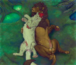 after_sex aurora_(phenomenon) balls bodily_fluids cum cum_in_ass cum_inside cum_on_penis duo erection feral genital_fluids genitals grass lying male male/male mane on_back penis plant side_by_side size_difference spread_legs spreading firefangdragon khai_the_lion skarde felid lion mammal pantherine snow_leopard hi_res