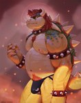 anthro areola armband barazoku belly biceps big_belly big_bulge big_muscles body_hair bracelet bulge chest_hair cigarette claws clothed clothing collar deltoids eyebrows hair halo happy_trail holding_object horn jewelry jockstrap jockstrap_only male musclegut muscular muscular_anthro muscular_male navel nipples non-mammal_nipples pecs pubes scales shell simple_background smoke smoking solo spiked_armband spiked_bracelet spiked_collar spiked_shell spiked_tail spikes spikes_(anatomy) standing tail teeth thick_arms thick_thighs topless topless_anthro topless_male underwear underwear_only sinibun_95 mario_bros nintendo bowser koopa scalie 2025 hi_res