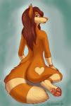 alternate_species anthro bare_back biped brown_body brown_eyes brown_fur brown_hair butt female fur hair heart_symbol kneeling long_hair looking_at_viewer looking_back nude pawpads solo silvermoonfox pumpkin_spice_(tajem) canid canine mammal