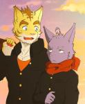 adolescent anthro awkward bodily_fluids clothing duo eyebrows glare male scarf school_bag school_uniform sunset sweat thick_eyebrows uniform young paomer morenatsu shin_(morenatsu) torahiko_(morenatsu) domestic_cat felid feline felis mammal pantherine tiger 2017 hi_res