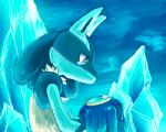 ambiguous_gender anthro black_body black_fur blue_body blue_fur bodily_fluids crystal fur holding_object solo tears sikai nintendo pokemon generation_4_pokemon lucario pokemon_(species) 5:4 blue_theme low_res