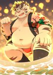 2020 absurd_res anthro asian_clothing belly big_belly blush bulge clothing east_asian_clothing eyes_closed felid fundoshi happi_(clothing) hi_res japanese_clothing kemono licho_(tas) lifewonders male mammal moobs navel nipples overweight overweight_anthro overweight_male pantherine ptcmtr solo tiger tokyo_afterschool_summoners underwear