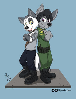 adolescent anthro bangs biped black_boots black_clothing black_footwear black_hair black_nose blue_background blue_bottomwear blue_clothing blue_eyes blue_pants boots bottomwear closed_smile clothed clothed_anthro clothed_male clothing duo fangs footwear fur green_bottomwear green_clothing green_pants green_shirt green_t-shirt green_topwear grey_body grey_clothing grey_fur grey_shirt grey_t-shirt grey_topwear hair logo looking_at_viewer male male_anthro mouth_closed open_mouth open_smile pants pink_tongue plantigrade pose purple_eyes shirt shoes short_hair simple_background smile standing t-shirt teeth text three-quarter_view tongue topwear white_body white_fur yellow_sclera young young_anthro young_male pandapaco canid canine mammal artist_logo artist_name cel_shading digital_drawing_(artwork) digital_media_(artwork) english_text full-length_portrait handwritten_text portrait shaded signature