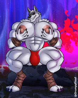 5_fingers abs anthro arm_tuft big_muscles big_pecs bikini_thong black_claws black_nose black_sclera bulge cheek_tuft claws clothed clothing elbow_tuft facial_tuft feet fingers foot_wraps front_view fur grey_body grey_fur huge_pecs inner_ear_fluff male muscular muscular_anthro muscular_arms muscular_legs muscular_male nipples on_rock pecs pink_nipples red_clothing red_eyes red_thong red_underwear rock sharp_teeth sitting sitting_on_rock smile solo swimwear teeth text thong thong_only topless topless_anthro tuft underwear underwear_only wraps wrist_wraps grumpyfloof dreamworks puss_in_boots_(franchise) death_(puss_in_boots) canid canine canis mammal wolf 2026 4:5 absurd_res alternate_version_at_paywall english_description english_text hi_res