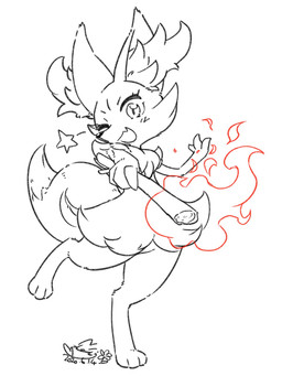3_fingers 3_toes ambiguous_gender cheek_tuft cute_fangs dipstick_tail eyelashes facial_tuft fangs feet fingers fire holding_object inner_ear_fluff looking_at_viewer markings on_one_leg one_eye_closed open_mouth open_smile semi-anthro smile solo standing star stick tail tail_markings teeth toes tuft wink cotora nintendo pokemon braixen canid canine fox generation_6_pokemon mammal pokemon_(species) 2020 black_and_white_and_red dated hi_res signature