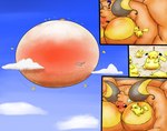 bloated bodily_fluids close_to_bursting cloud ellipsis exclamation_point heavy_blush hyper hyper_inflation imminent_popping implied_popping inflation puffed_cheeks question_mark sweat alvro nintendo pokemon generation_1_pokemon pikachu pokemon_(species) raichu