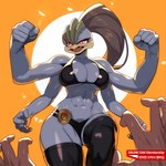4_arms abs anthro big_breasts bikini black_bikini black_clothing black_swimwear breasts closed_hands clothing female hair humanoid_hands legwear looking_at_viewer multi_arm multi_limb muscular muscular_female muscular_humanoid open_hands open_mouth ponytail scales solo stockings sun sunset swimwear tongue two-piece_swimsuit drunk_oak nintendo pokemon generation_1_pokemon humanoid machamp pokemon_(species) 1:1 digital_media_(artwork) hi_res