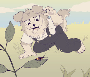 anthro barefoot blush blush_lines brown_body brown_eyes brown_fur clothing eyelashes fangs feet field_background floppy_ears fluffy_ears fur head_tuft kneeling long_eyelashes male nature nature_background outside overalls pawpads sky slightly_chubby small_eyebrows smile solo teeth tuft young 1ksrw conditional_dnp crush_(1ksrw) arthropod canid canine canis domestic_dog hybrid insect mammal wolfdog 2025 clip_studio_paint_(artwork) digital_media_(artwork) hi_res