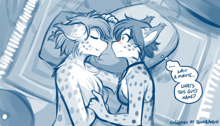 anthro blush bra breasts chest_tuft clothed clothed_anthro clothed_female clothing collar collar_of_keidranification duo eyes_closed female fingers fur hair inside looking_at_another lying male markings nude nude_anthro nude_male on_side pillow sleeping smile spots spotted_body spotted_fur text thought_bubble topless topless_male tuft underwear conditional_dnp tom_fischbach twokinds alice_reed lynx_prince_(twokinds) felid feline keidran lynx mammal 2025 7:4 digital_media_(artwork) english_text hi_res monochrome sketch spot_color