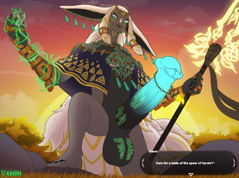 animal_genitalia animal_penis anthro ball_markings balls big_penis braided_hair clothed clothing crystal dialogue ear_piercing ear_ring equine_genitalia equine_penis erection fur gem genital_markings genitals glowing glowing_eyes glowing_genitalia glowing_markings glowing_penis grey_body hair horn jewelry light long_hair looking_at_viewer magic magic_user makeup male markings melee_weapon necklace nude outside penis penis_markings piercing plant polearm presenting ring ring_piercing secret_stone sheath sky smile solo spear speech_bubble standing sun sunlight sunset text topwear tree weapon white_hair wind conditional_dnp varium nintendo tears_of_the_kingdom the_legend_of_zelda rauru_(tears_of_the_kingdom) mammal zonai digital_media_(artwork) english_text hi_res