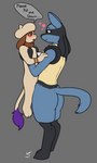 2024 3:5 absurd_res anthro carried carrying_another carrying_partner dialogue digital_media_(artwork) duo english_text female generation_2_pokemon generation_4_pokemon grey_background heart_symbol hi_res larger_female lucario male mr.smile nintendo nude pokemon pokemon_(species) simple_background size_difference smaller_male smeargle standing text