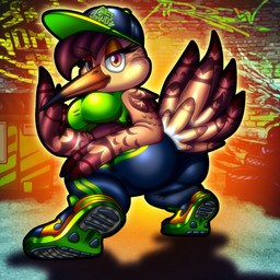4_fingers anthro arm_on_thigh arm_tuft backlighting bangs beak bedroom_eyes big_butt blue_bottomwear blue_clothing blue_pants bottom_heavy bottomwear brick brick_wall brown_body brown_feathers brown_hair butt chloe_(spdy4) chloe_ramirez clothing concrete_floor crop_top crouching devil_horns_(gesture) dumpster eyebrows feathers female fingers footwear forced_perspective gesture ghetto glowing gradient_eyes graffiti graffiti_on_wall green_clothing green_highlights hair half-turned hand_gesture hat headgear headwear highlights_(coloring) jogging_pants latina light logo logo_on_clothing long_beak looking_at_viewer magenta_eyes markings maroon_markings multicolored_beak multicolored_body multicolored_feathers narrowed_eyes orange_eyes orange_eyeshadow orange_glow pants pose raised_eyebrow rear_view seductive shadow shirt shoe_sole_pattern shoe_soles shoes shoulder_tuft smile smirk sneakers solo stretched_clothing stylized_background tail tail_feathers tan_body tan_feathers three-quarter_view three_tone_clothing three_tone_shoes tire topwear tribal tribal_markings tuft twerking urban urban_background wall_(structure) wide_hipped_female wide_hips winged_arms wings spdy4 avian bird sandpiper shorebird woodcock 1:1 2026 digital_media_(artwork) hi_res lighting shaded