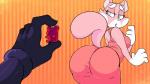 ambiguous_gender anthro big_butt blue_eyes breasts butt candy clothed clothing dessert disembodied_hand duo female food fur gummy_(food) gummy_bear_(food) half-closed_eyes looking_back narrowed_eyes pink_body pink_fur rear_view solo_focus vimhomeless super_planet_dolan youtube shima_luan domestic_cat felid feline felis mammal 2017