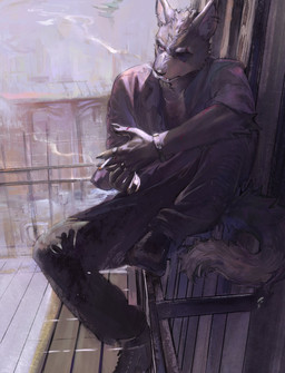 anthro bottomwear cigarette clothing ear_piercing eye_patch eyewear fur grey_body grey_fur hair looking_at_viewer male pants piercing ring scar shirt sitting smoking smoking_cigarette solo tail topwear bounsies nintendo star_fox wolf_o'donnell canid canine canis mammal wolf hi_res