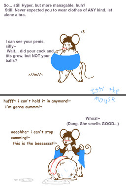 2_panel_comic anthro balls balls_as_fake_breasts big_balls big_penis blush bodily_fluids bra brown_body brown_fur chest_tuft clothing corny_dialogue cum cum_pooling cum_while_flaccid curled_tail dialogue fake_breasts fluffy_balls fluffy_legs fur genital_fluids genitals gynomorph huge_balls huge_penis hyper hyper_balls hyper_genitalia hyper_penis intersex offscreen_character penis simple_background solo strapless_bra strapless_clothing strapless_underwear sweat sweat_on_balls sweat_on_breast sweat_on_penis tail tongue tongue_out tuft underwear whiskers white_background ittithemouse itti_(ittithemouse) mammal mouse murid murine rodent spot_color trans_(lore) trans_woman_(lore)