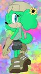 2018 5_fingers 9:16 abstract_background accessory anthro bare_shoulders beanie blue_eyes boots bottomwear canid canine canis clothed clothing countershade_face countershading custom_character_(sonic_forces) domestic_dog female fingers flower flower_in_hair footwear fully_clothed fur gloves goldenbuckles green_body green_fur green_hair hair hair_accessory handwear hat headgear headwear hi_res looking_at_viewer mammal mint_(goldenbuckles) plant poodle rainbow_background sega shirt shorts simple_background smile solo sonic_forces sonic_the_hedgehog_(series) standing sunflower tan_beanie tan_body tan_boots tan_clothing tan_countershading tan_footwear tan_gloves tan_handwear tan_hat tan_headwear tank_top topwear