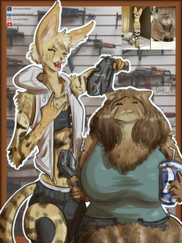 anthro anthrofied big_breasts black_bottomwear black_bra black_clothing black_markings black_pants black_underwear bottomwear bra breasts brown_body brown_fur brown_hair clothing container cup duo eyes_closed female fur gun hair hand_sign holding_gun holding_object holding_ranged_weapon holding_weapon hoodie huge_breasts long_hair markings mouth_closed open_mouth overweight overweight_anthro overweight_female pants photo_reference ranged_weapon short_hair size_difference sleeveless_hoodie small_breasts smile tan_body tan_fur topwear underwear weapon white_clothing white_hoodie white_topwear katsumodokat felid feline mammal pallas's_cat serval 2025 3:4 absurd_res hi_res