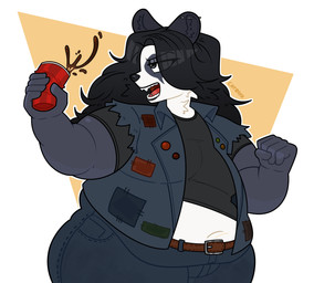 anthro belly beverage bottomwear clothed clothing container cup denim denim_bottomwear denim_clothing denim_jacket denim_topwear ear_piercing hair jacket male moobs navel overweight overweight_anthro overweight_male pants patch_(fabric) piercing shirt simple_background solo spilled_drink topwear catboyz bear giant_panda mammal digital_media_(artwork) hi_res