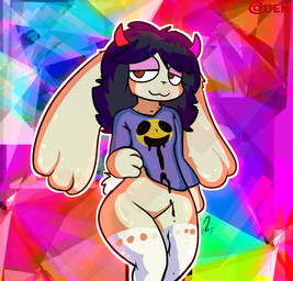 abstract_background anthro aroused black_liquid bodily_fluids bottomless clothed clothing femboy fur hair horn legwear long_hair psychedelic slime smile solo stockings thick_thighs white_body demon3sigma demon hybrid lagomorph leporid mammal rabbit absurd_res hi_res