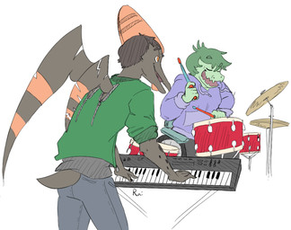 5_fingers anthro big_wings bone_frill bottomwear brown_hair clothing cymbals disability drum drum_set drumming_stick duo fangs female fingers frill_(anatomy) furgonomic_bottomwear furgonomics green_body green_hair hair holding_musical_instrument holding_object hoodie jacket keyboard_instrument looking_at_another male musical_instrument orange_eyes paraplegic percussion_instrument percussion_mallet rear_view rolled_up_sleeves short_tail simple_background sitting standing tail teeth topwear vehicle wheelchair wings zipper nrool raidak5 cavemanon_studios goodbye_volcano_high i_wani_hug_that_gator ko_op_(game_developer) snoot_game naser_(gvh) olivia_halford baryonyx dinosaur prehistoric_species pterodactylus pterosaur reptile saurischian scalie spinosaurid theropod colored