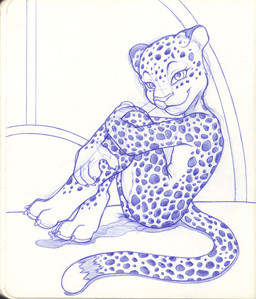 4_fingers 4_toes anthro detailed_background feet female fingers holding_both_legs looking_at_viewer nude sitting solo toes window young young_anthro sogaroth felid leopard mammal pantherine 2023 blue_and_white guide_lines hi_res monochrome