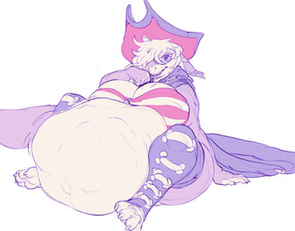 abdominal_bulge anthro anthro_pred belly big_belly big_breasts breasts cape claws clothing digitigrade ear_piercing female female_pred hair huge_belly legwear looking_pleasured navel nipple_outline open_mouth piercing pirate_hat prey_outline same_size_vore simple_background sitting solo squirming struggling struggling_prey tail thick_thighs topwear torn_clothing vore wide_hips mathc0re aquatic fish shark absurd_res digital_media_(artwork) hi_res